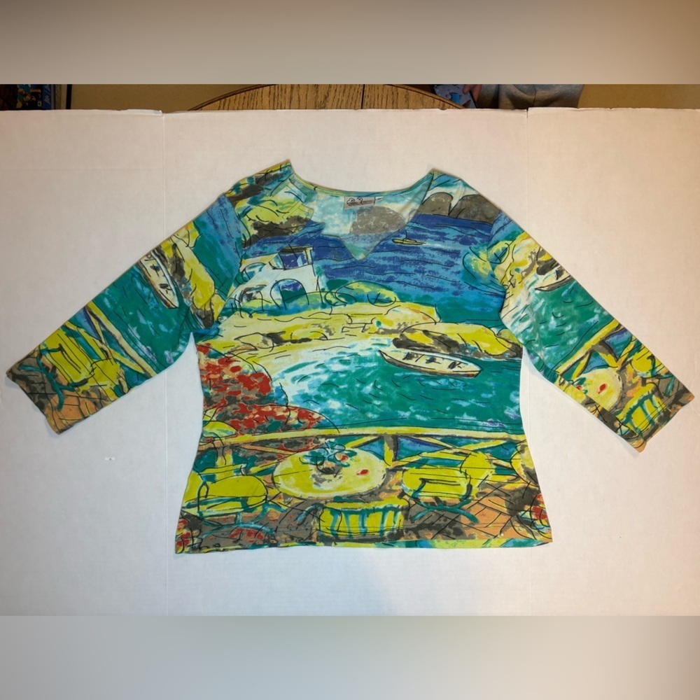 Michael Leu art-to-wear 100% cotton multicolor scenic abstract print shirt XL